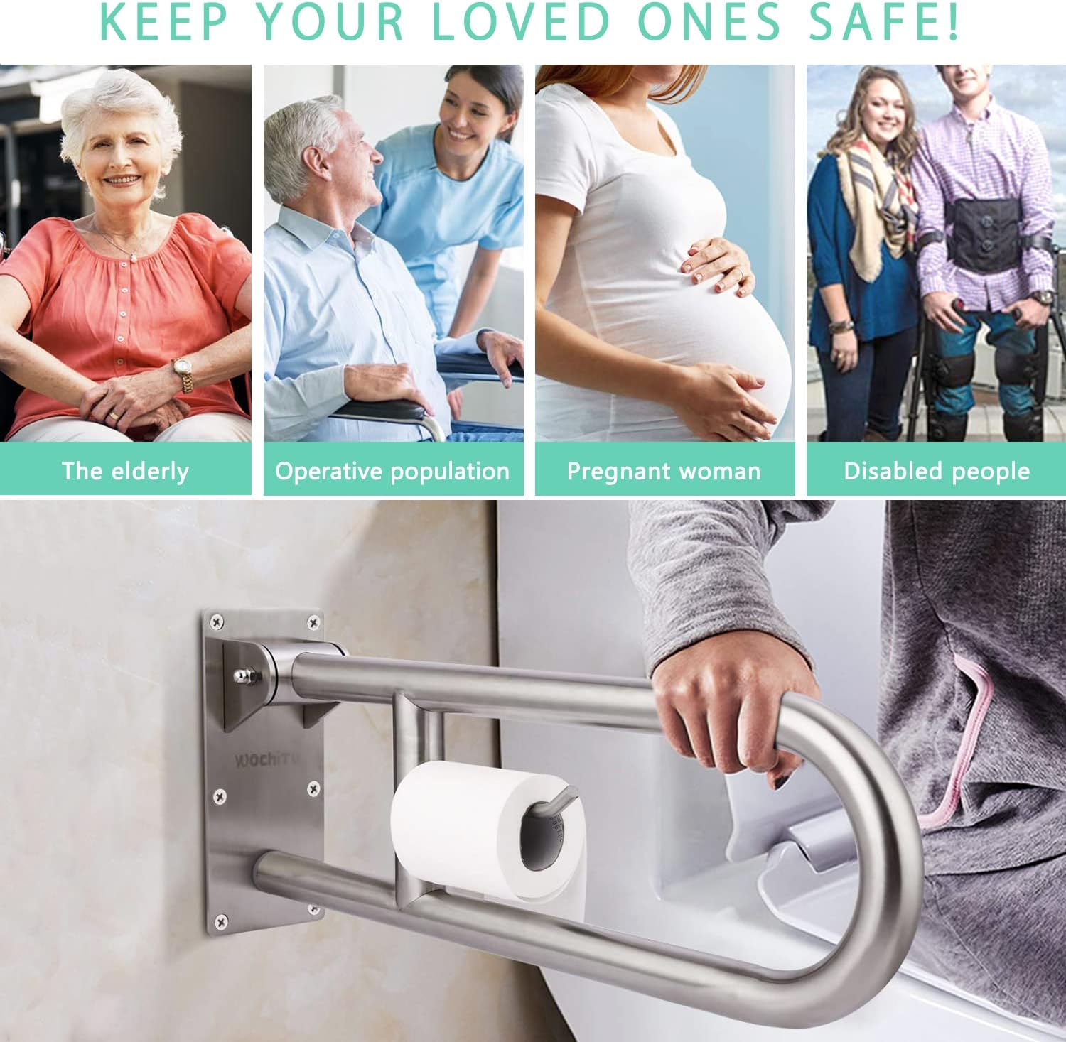 WochiTV Stainless Steel Safety Rail with Paper Holder, Flip-Up Bathroom Support

