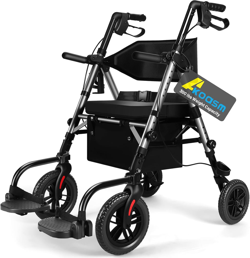 Akoasm Foldable Rollator Walker with Seat, 2-in-1 Wheelchair Combo

