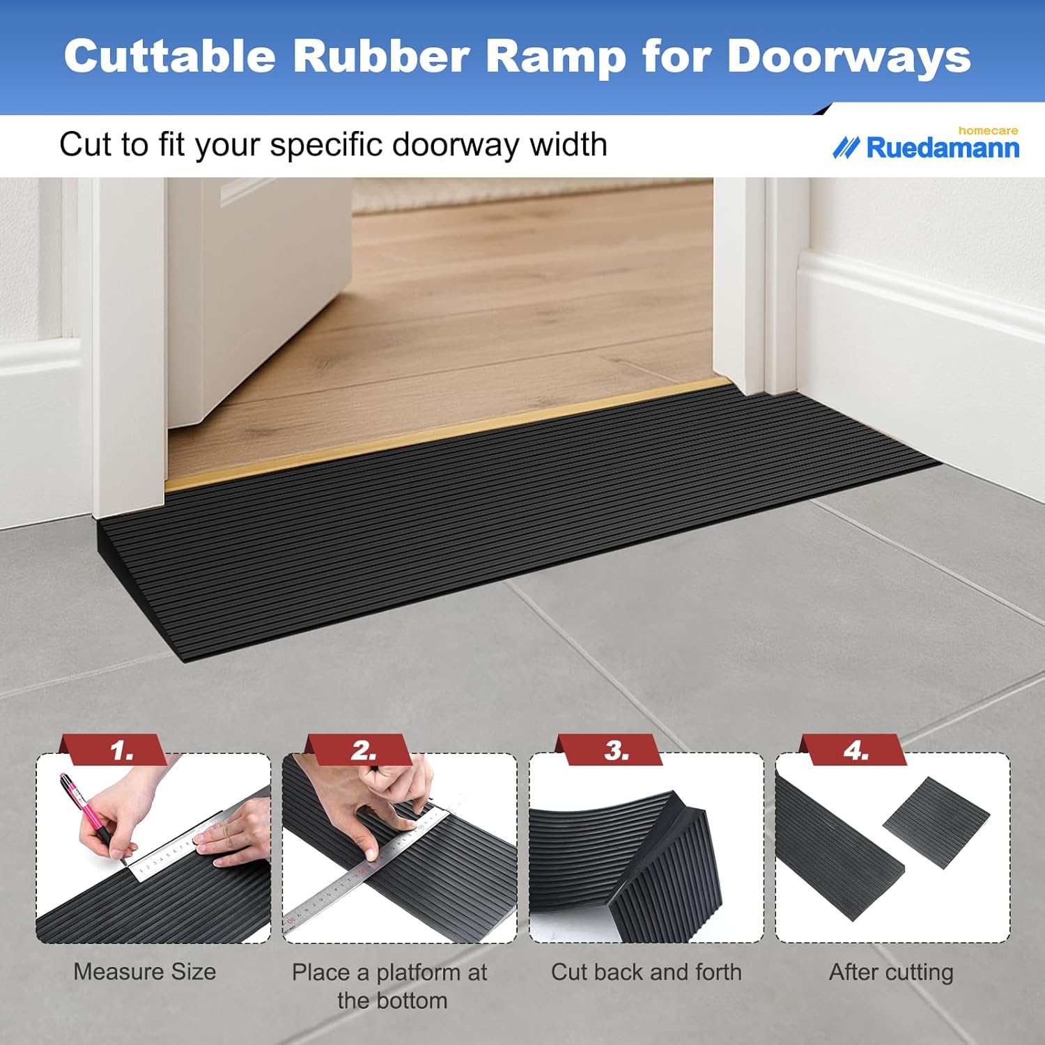 Ruedamann Rubber Threshold Ramp for Doorways, Non-Slip Wheelchair Access

