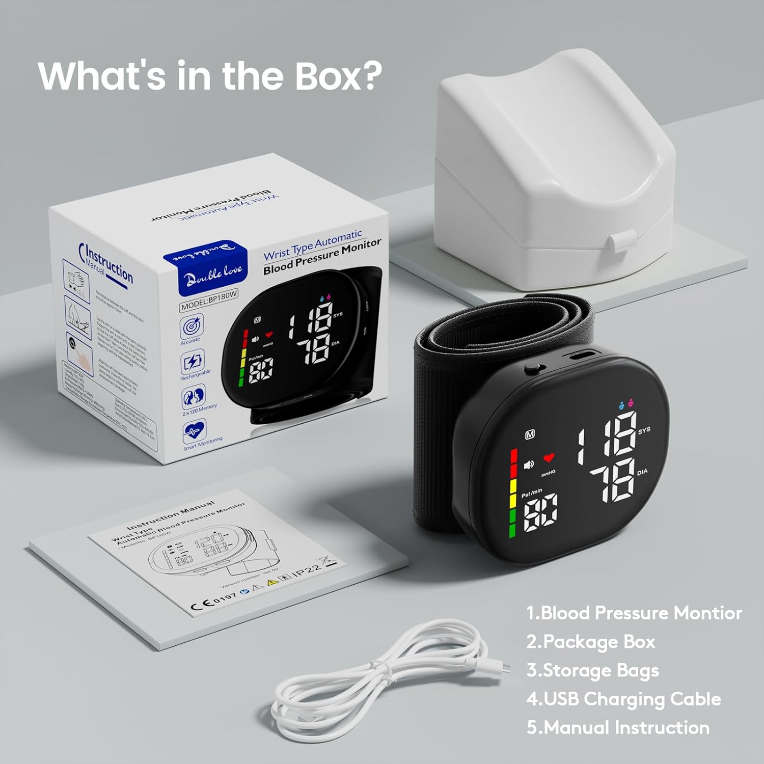 Double love Wrist Blood Pressure Monitor for Home Use, Large LED Dual-User 240 Memory

