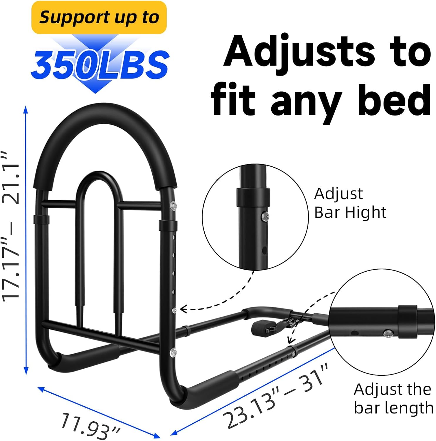 Adjustable Bed Assist Rail for Seniors, Non-Slip Handle, Storage Pocket, 350 lb

