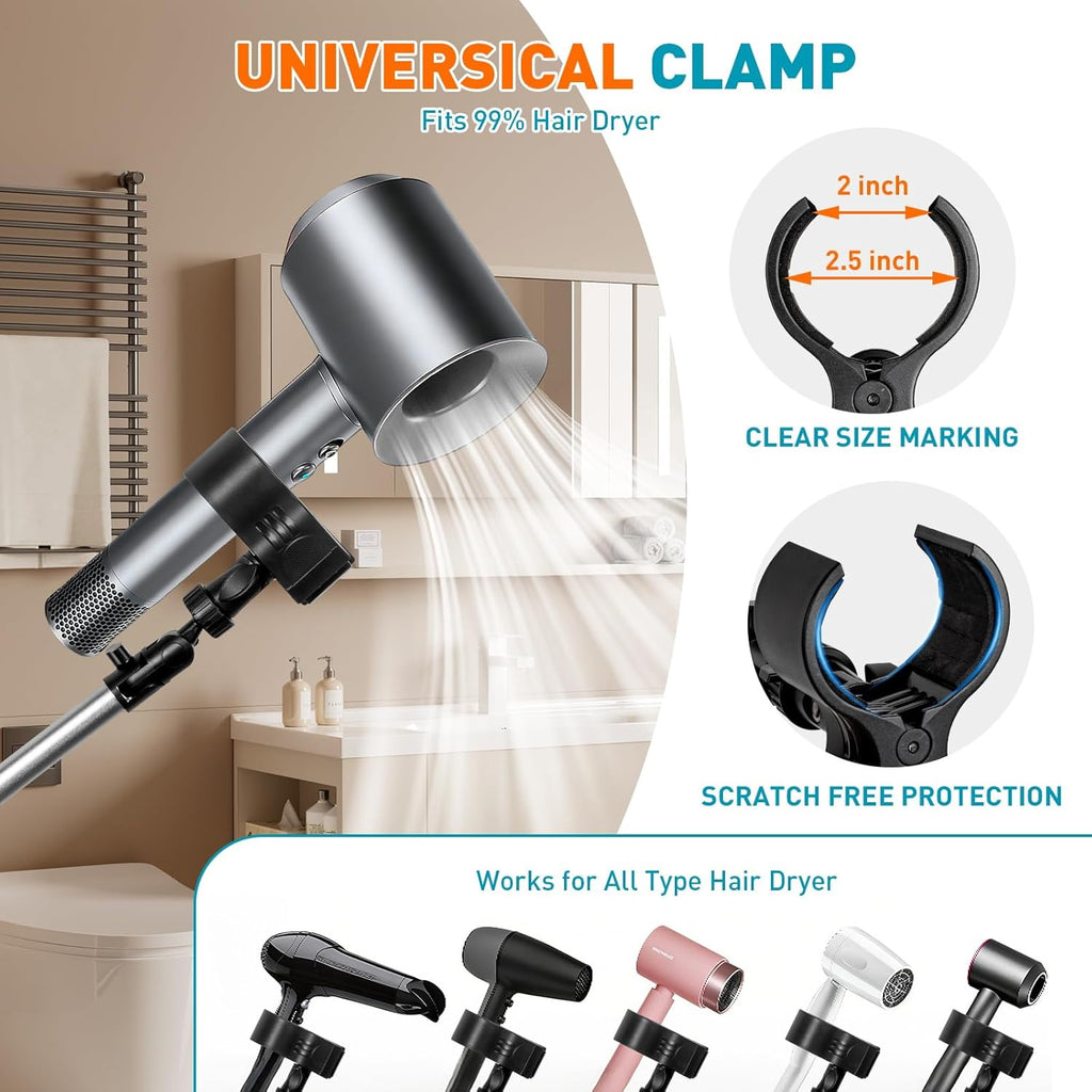 Hands Free Hair Dryer Stand with Rotary Lock, 360° Swivel & Adjustable Height Base

