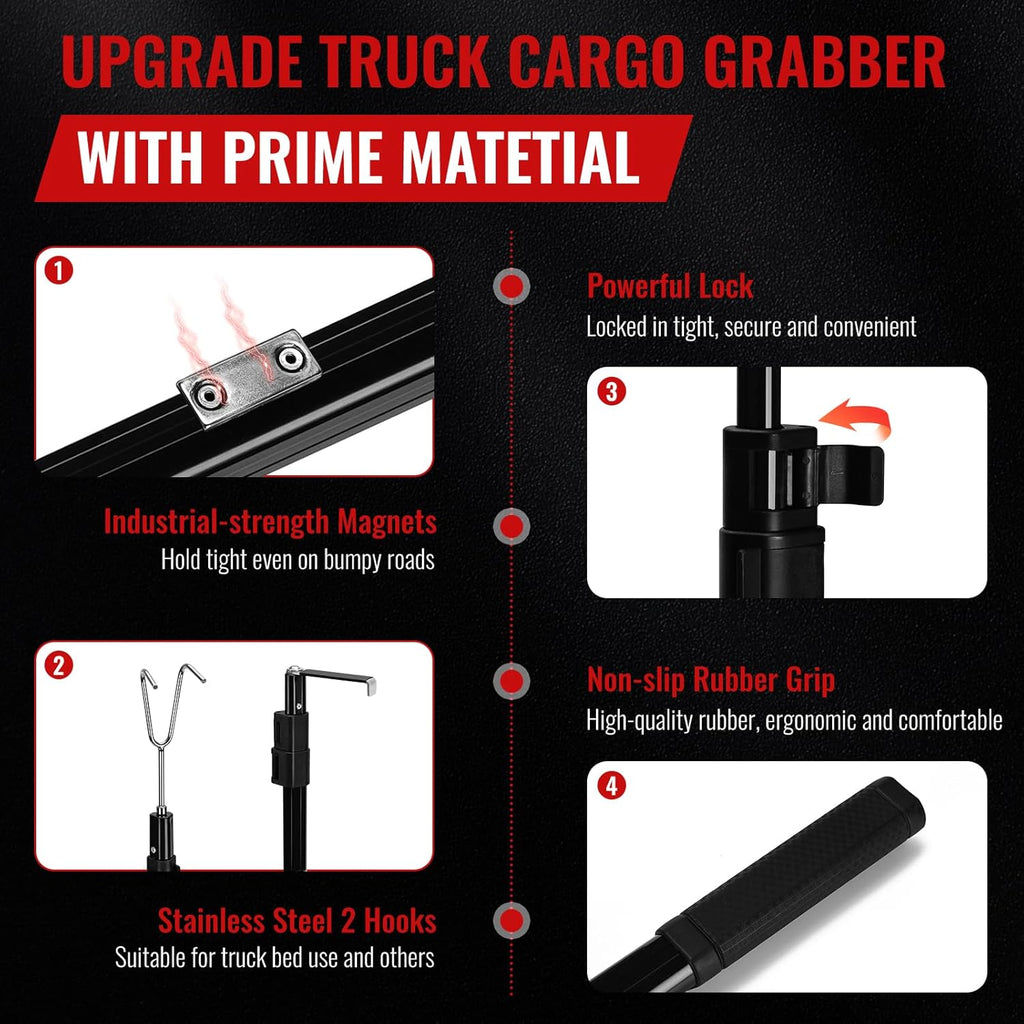 6.9 ft Telescoping Magnetic Truck Bed Grabber Tool with 2 Hooks and Mount Plate

