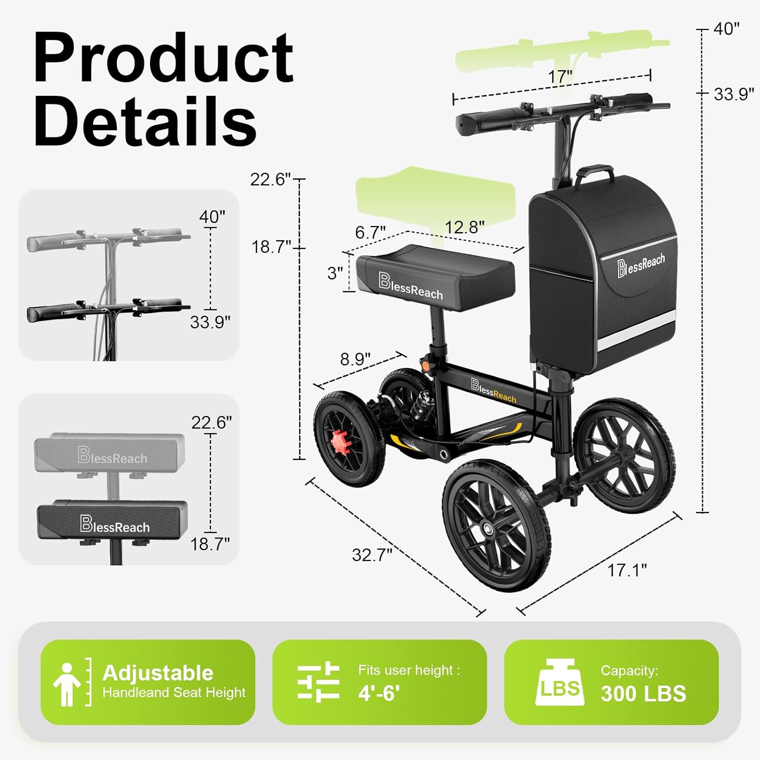 BlessReach Deluxe All-Terrain Steerable Knee Scooter with Double Handbrake Medical Alt

