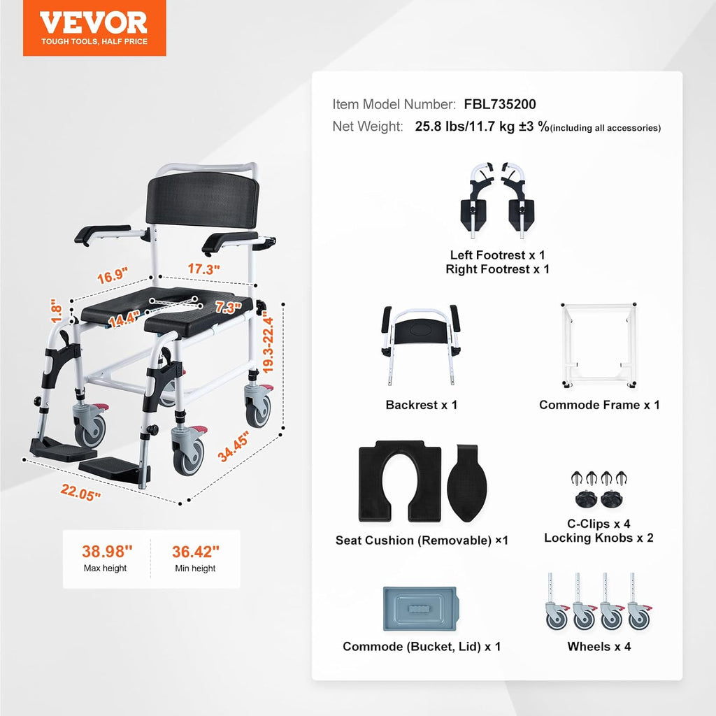 VEVOR 4-in-1 Shower Commode Wheelchair with Removable Bucket, Flip-Up Arms, 350 lbs

