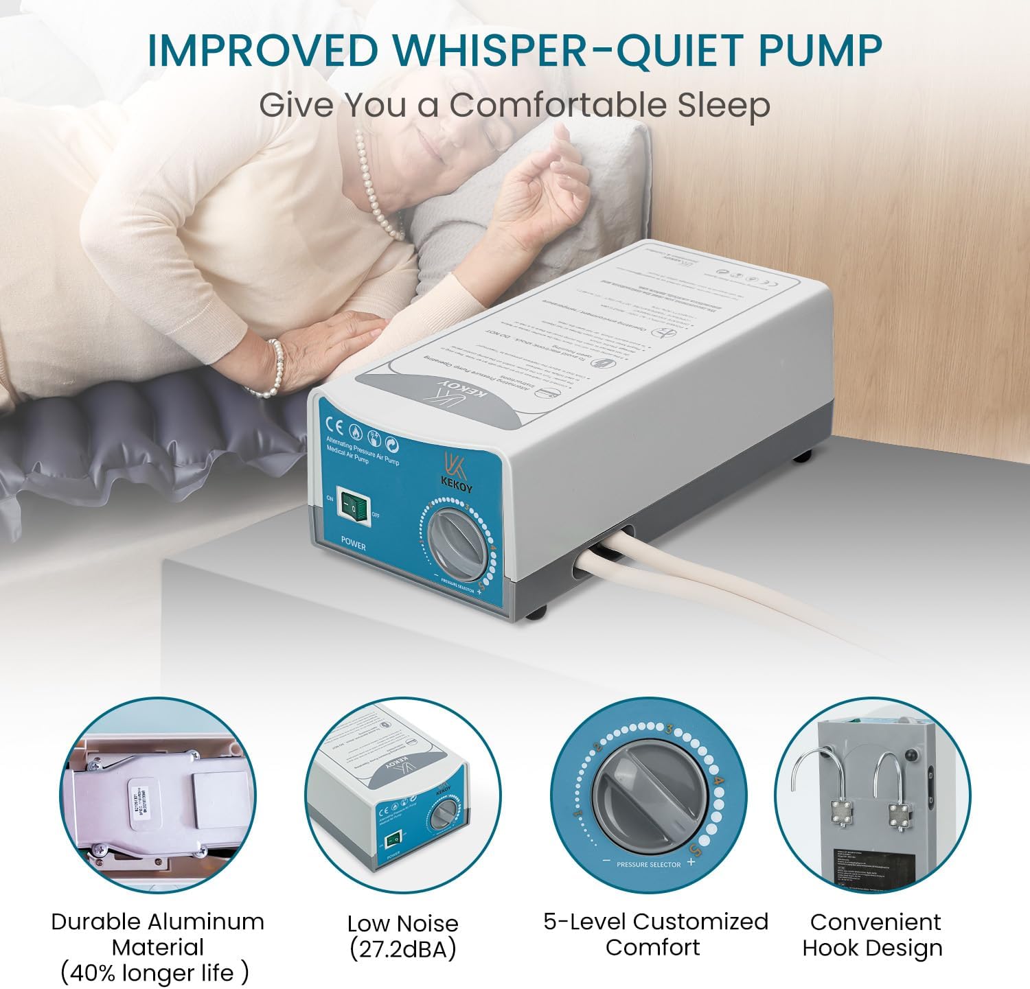 Kekoy Alternating Air Pressure Mattress Pad, Waterproof Hospital Bed Topper with Pump

