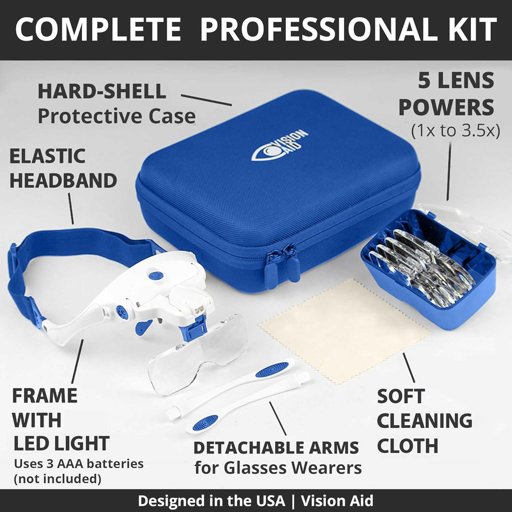 Vision Aid LED Magnifying Glasses Headband with 5 Lenses, Hands-Free Magnifier Case

