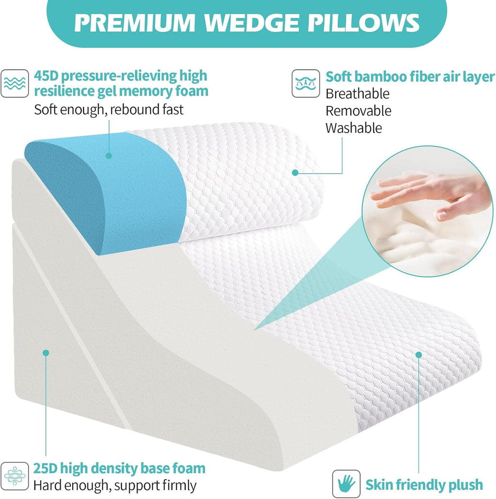 Bed Wedge Pillow Set for Sleeping, Memory Foam Incline Post Surgery Support

