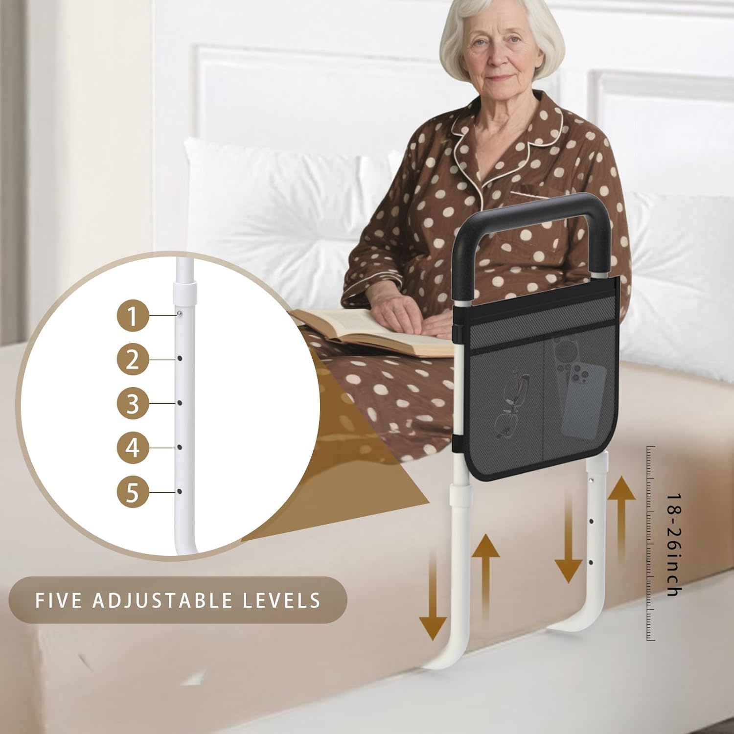 OCBAiLi Adjustable Bed Rail for Seniors with Storage Pocket and Non-Slip Handle

