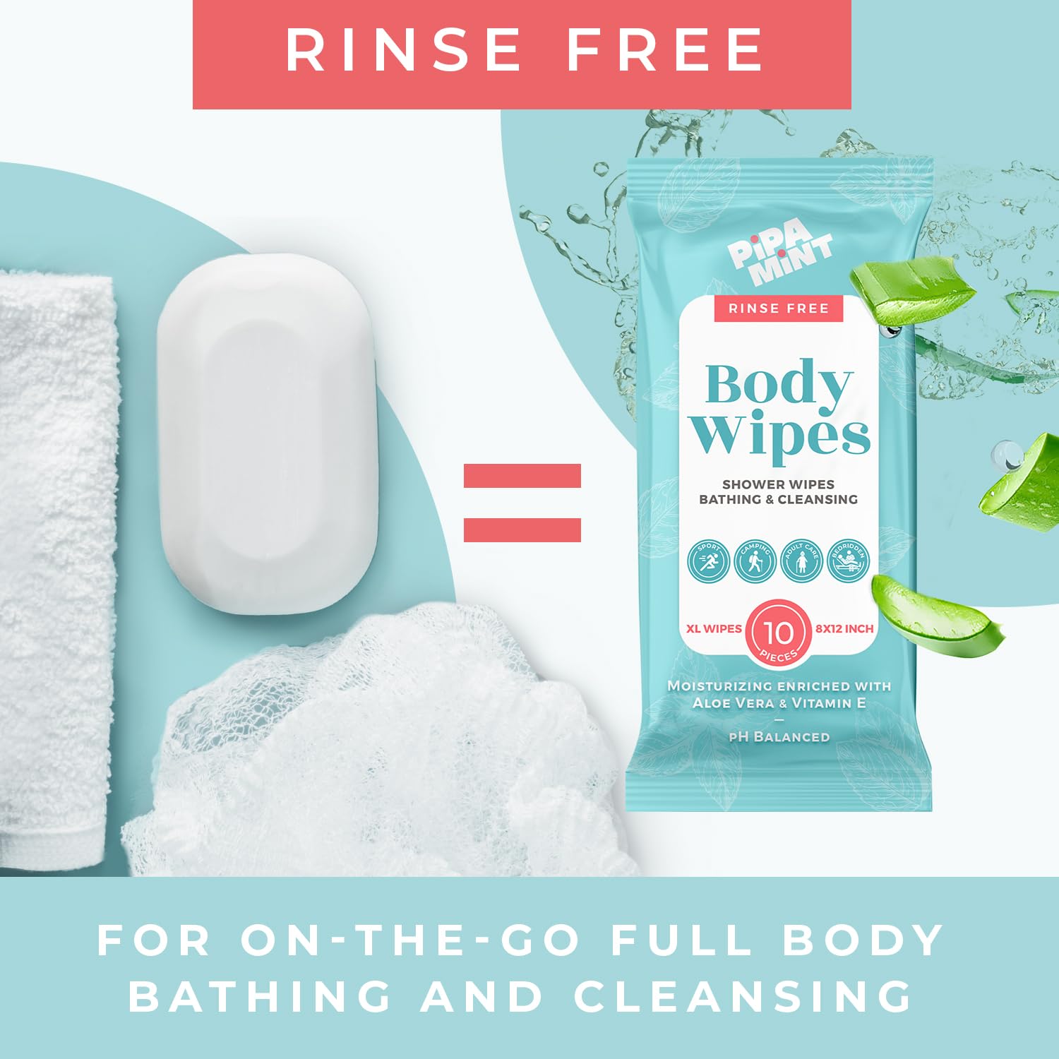 PiPA MiNT XL Bath Wipes for Adults No-Rinse Body & Face Cleansing 140 Wipes

