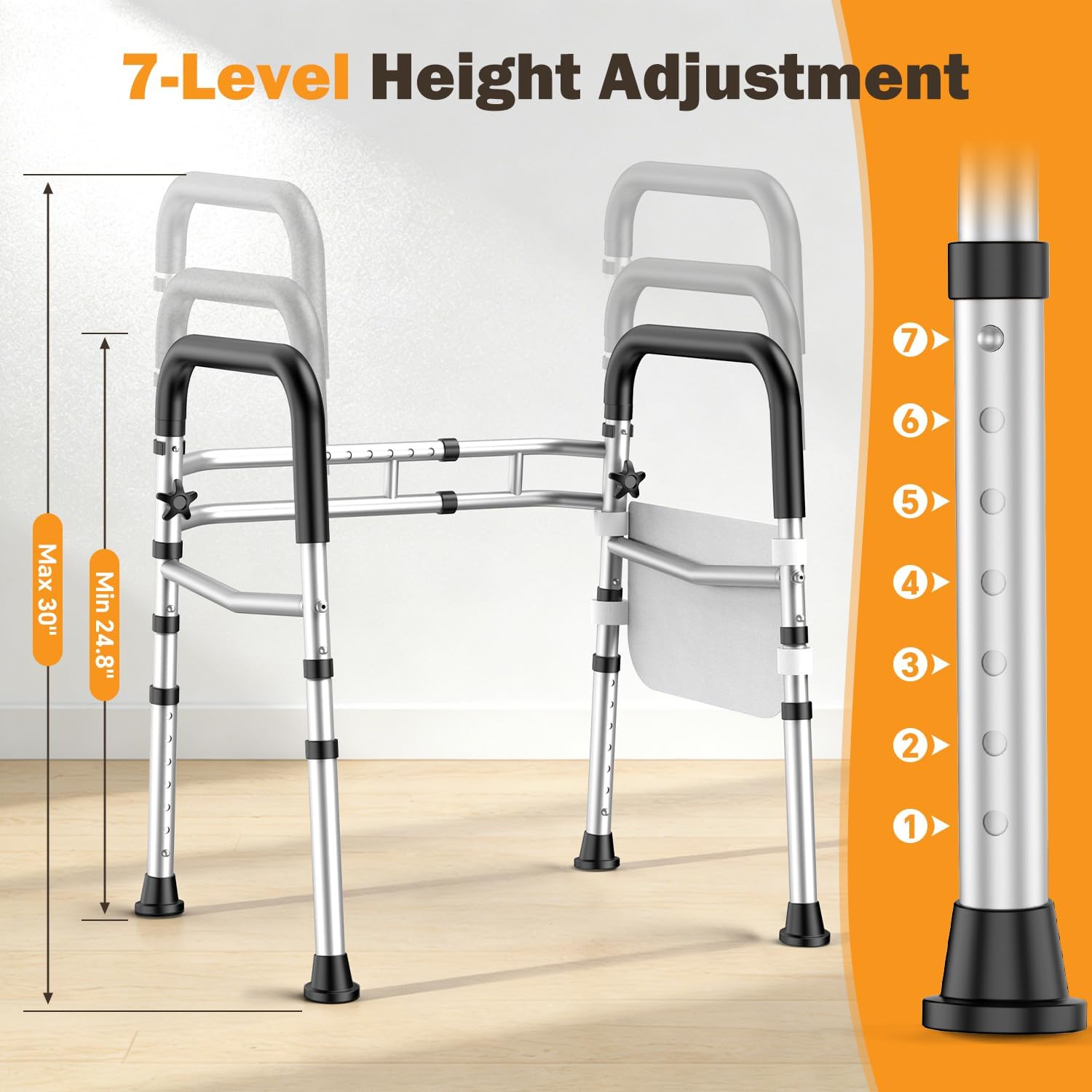 Toilet Safety Rail for Seniors Adjustable Height/Width Folding Handles 350 lb Capacity

