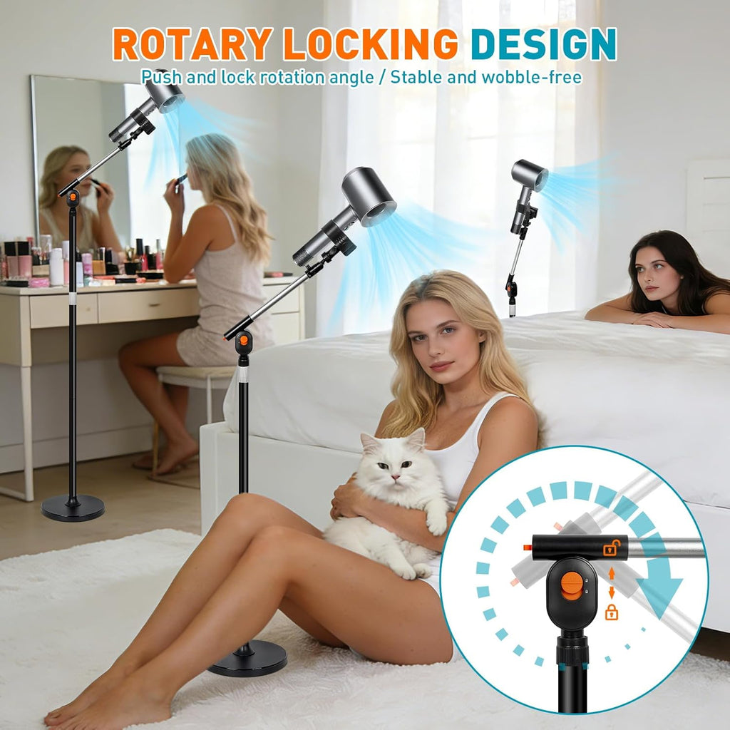 Hands Free Hair Dryer Stand with Rotary Lock, 360° Swivel & Adjustable Height Base

