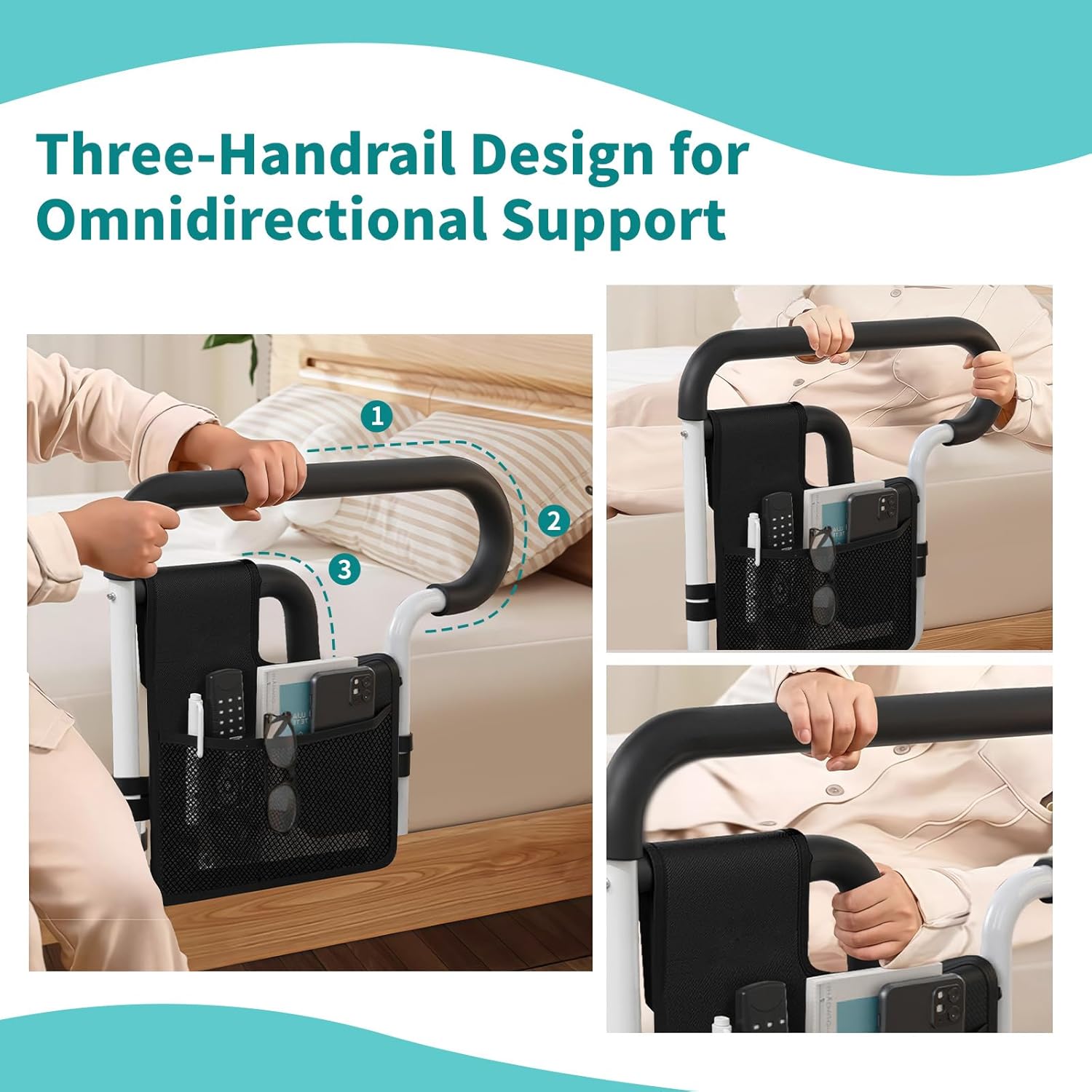 Bed Rails for Elderly Adults Safety Adjustable Bed Assist Rail with Storage Pockets

