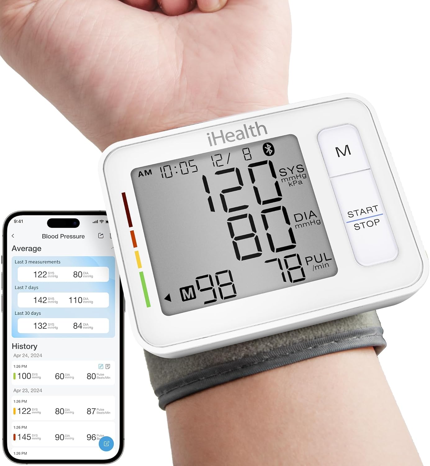 iHealth Push Wrist Blood Pressure Monitor with Bluetooth, App, Large Display & Case

