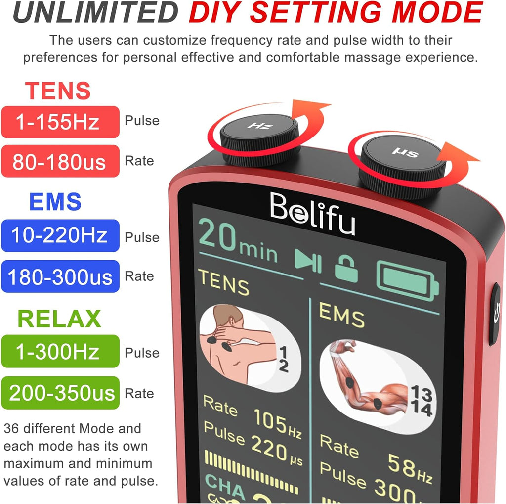 Belifu TENS EMS Muscle Stimulator for Pain Relief Therapy, 4-in-1

