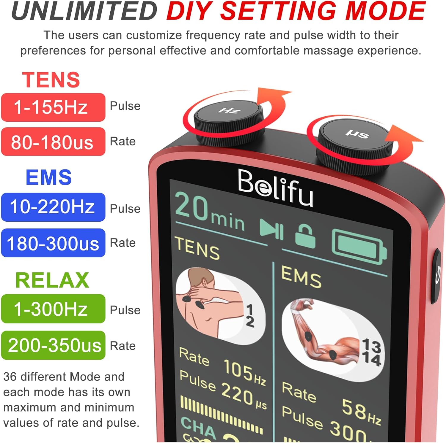 Belifu TENS EMS Muscle Stimulator for Pain Relief Therapy, 4-in-1

