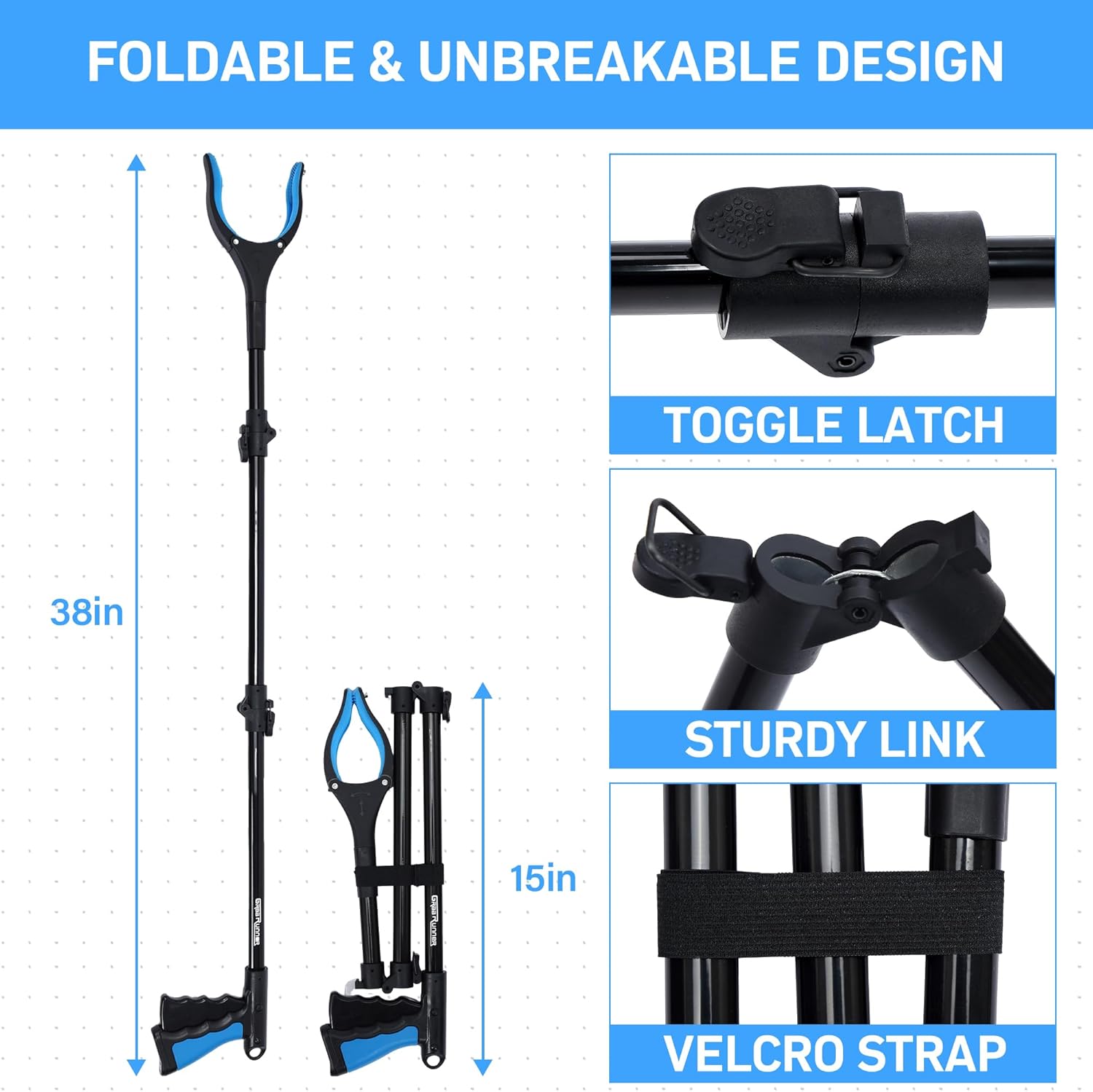 38 in Foldable Reacher Grabber Tool with 360° Rotating Jaw and Magnet, 3-Pack

