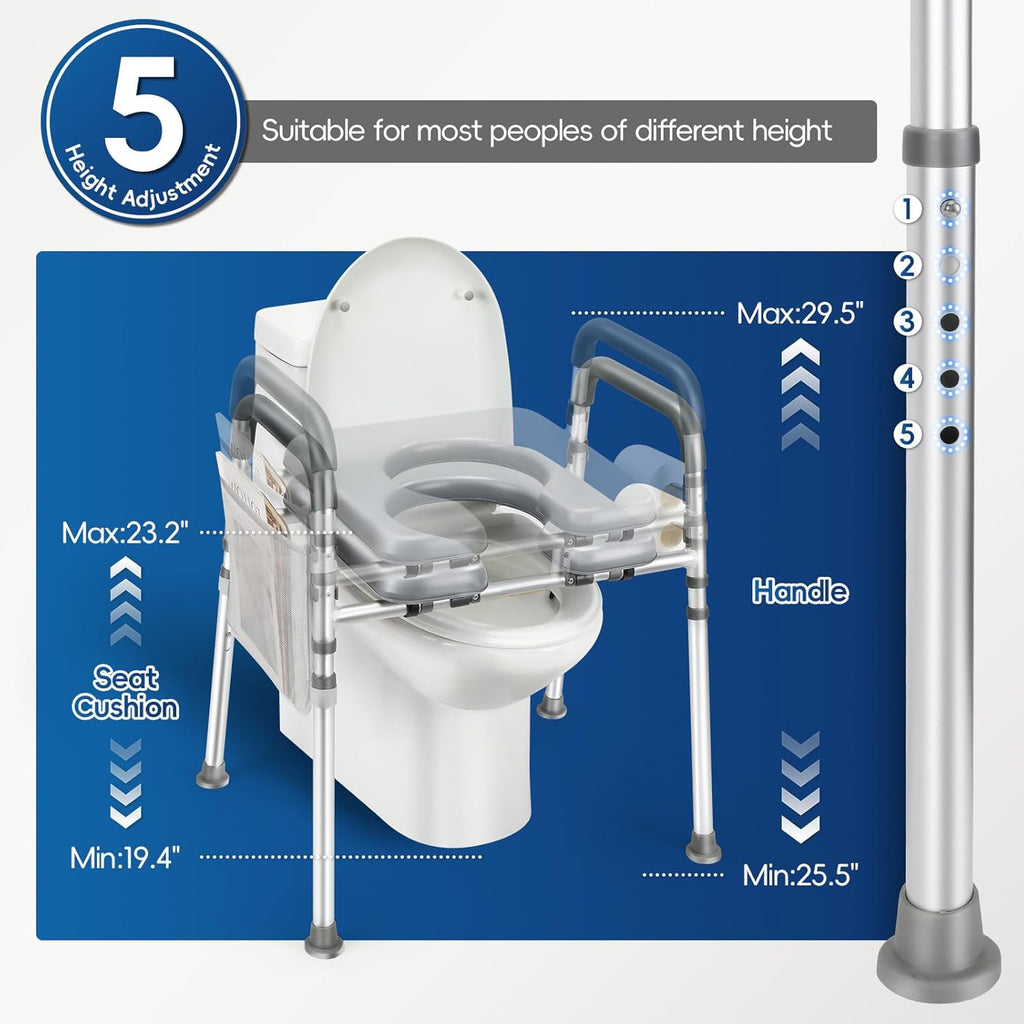 Raised Toilet Seat with Handles, Adjustable Height, 500 lb Commode Chair

