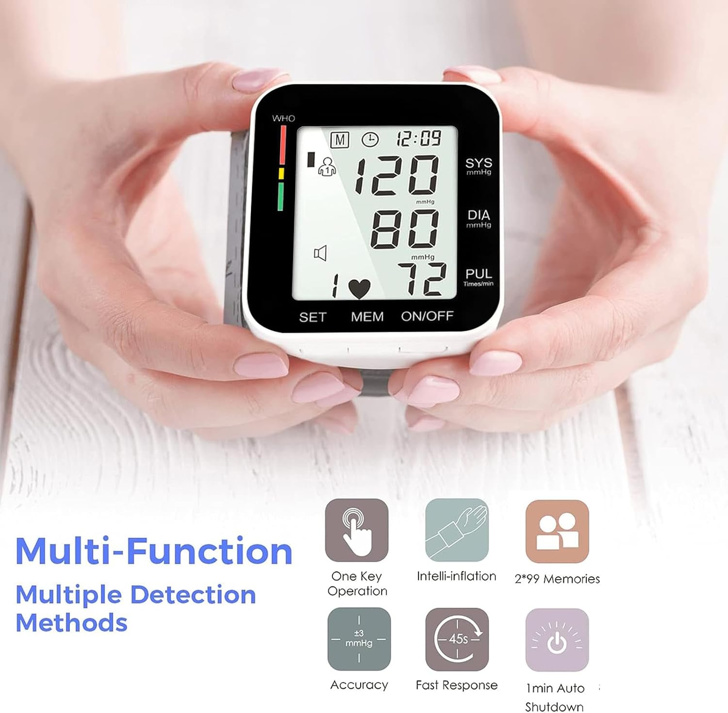 MMIZOO Wrist Blood Pressure Monitor Automatic Large LCD Display Adjustable Cuff

