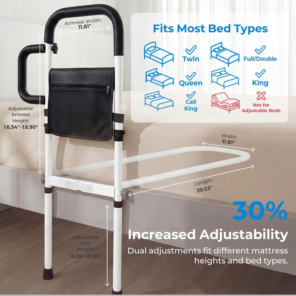 Adjustable Bed Rail for Seniors with Motion Sensor LED, Non-Slip Handle, Storage Bag

