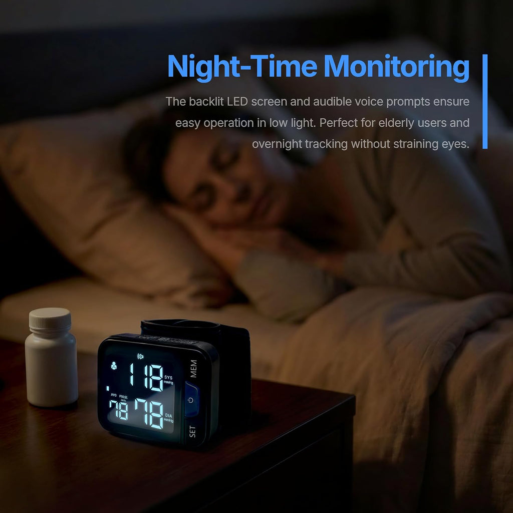 Wrist Blood Pressure Monitor with Large Backlit Display, Voice Guidance, 2-User Memory

