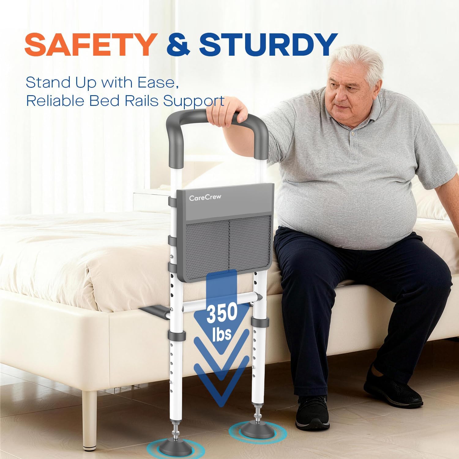 Adjustable Bed Rails for Seniors with LED Night Light and Storage Pocket, 350 lb

