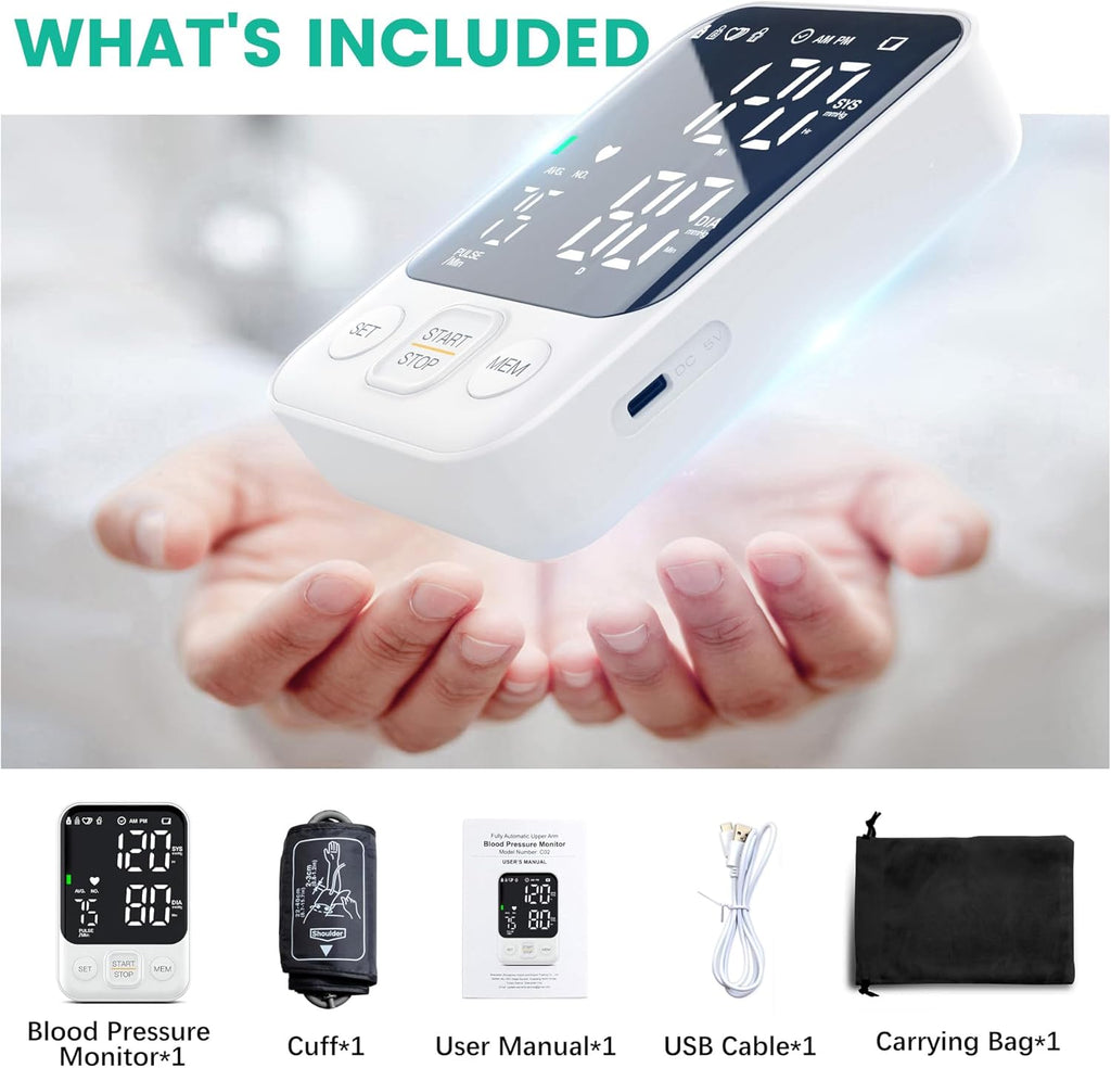 Oklar Upper Arm Blood Pressure Monitor Home BP Machine One-Button Large LED Display


