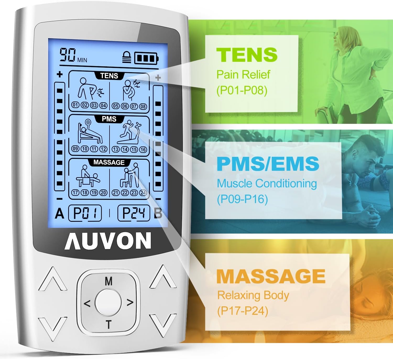 AUVON Dual Channel TENS EMS Muscle Stimulator for Pain Relief, Rechargeable

