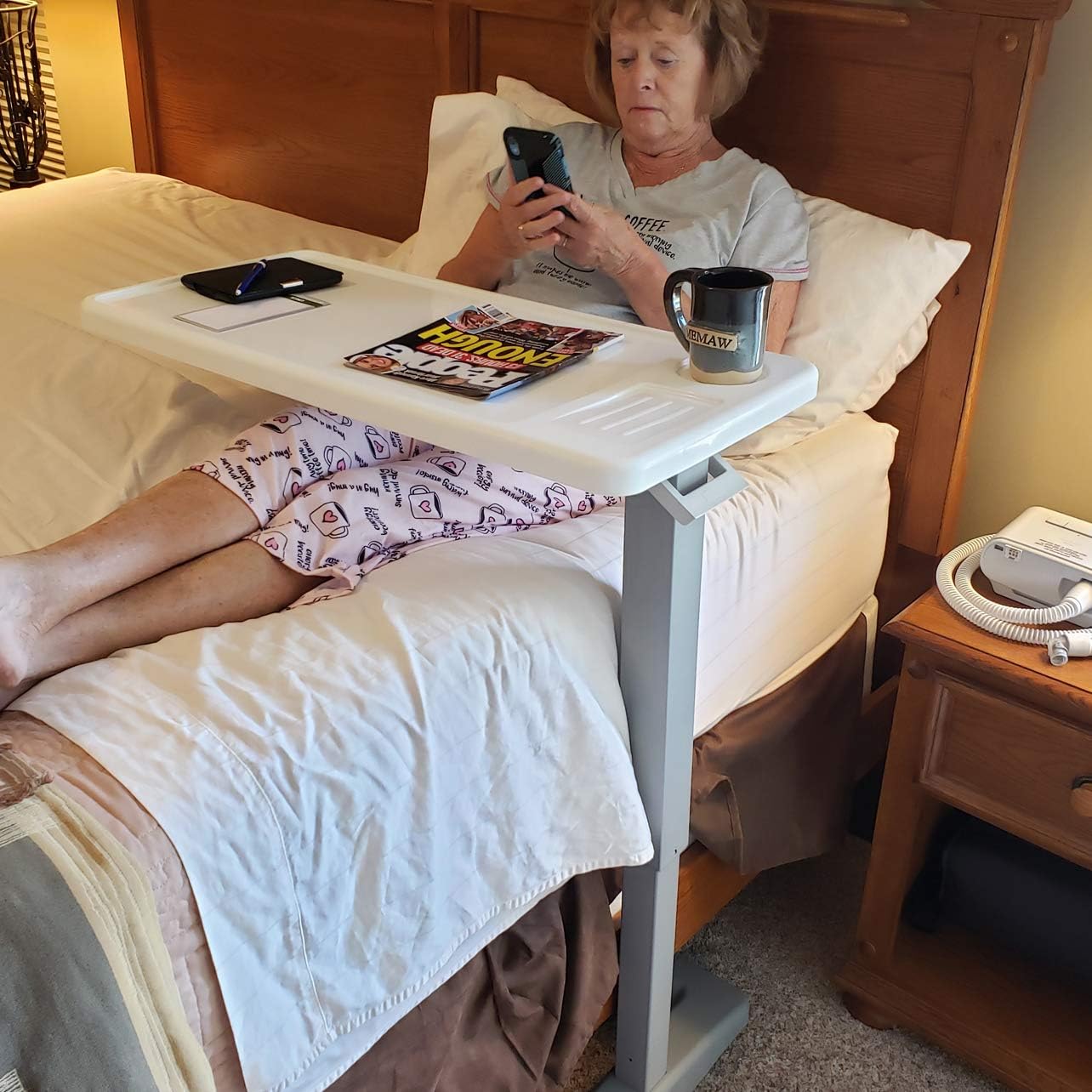 Carex Rolling Overbed Table with Wheels, Adjustable Height Bedside Desk Tray


