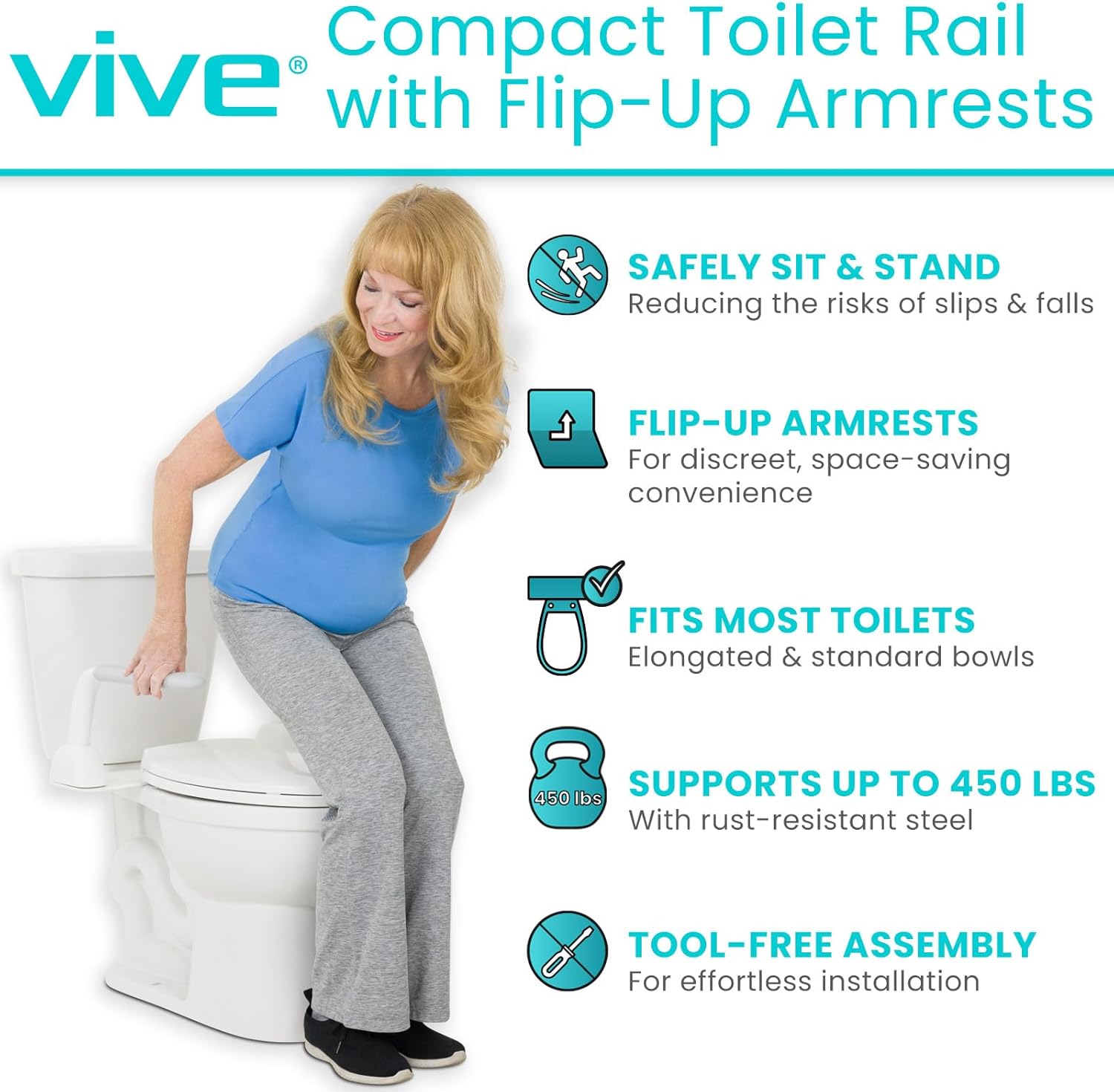 Vive Toilet Safety Rail with Flip-Up Handles, 450 lb Capacity Grab Bar Riser

