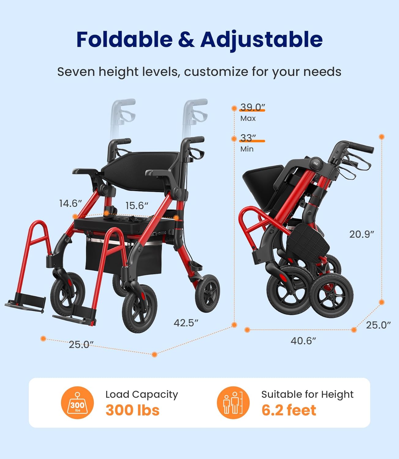 VOCIC 2-in-1 Walker Transport Wheelchair Rollator with Seat, Brakes, All-Terrain Wheels


