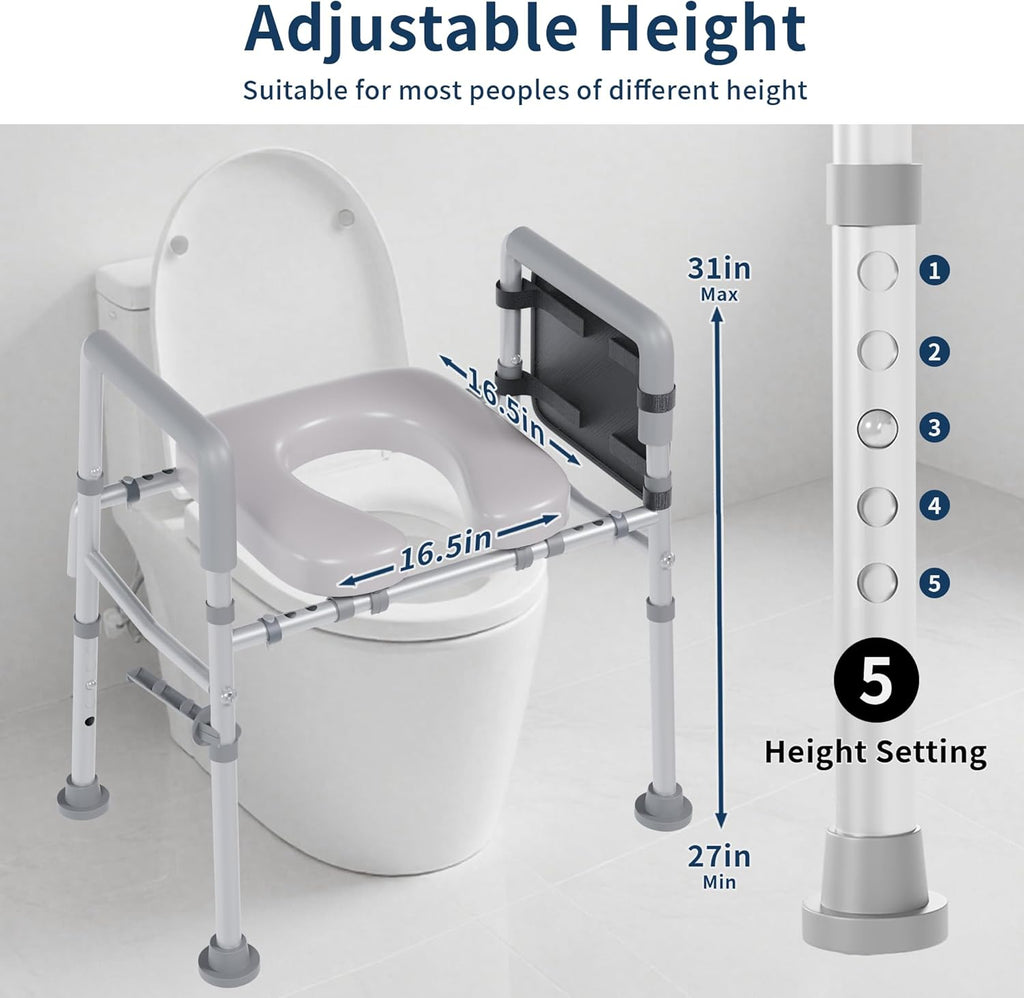 Raised Toilet Seat with Handles, Toilet Seat Riser for Seniors, Adjustable Height and Width, Padded Cushion, 450 lb Capacity, Non-Slip Safety Design

