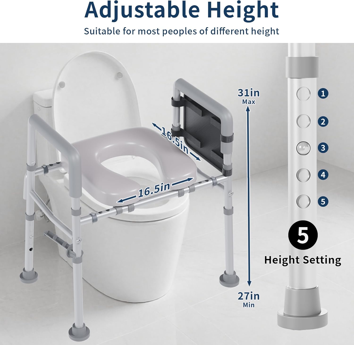 Raised Toilet Seat with Handles, Toilet Seat Riser for Seniors, Adjustable Height and Width, Padded Cushion, 450 lb Capacity, Non-Slip Safety Design

