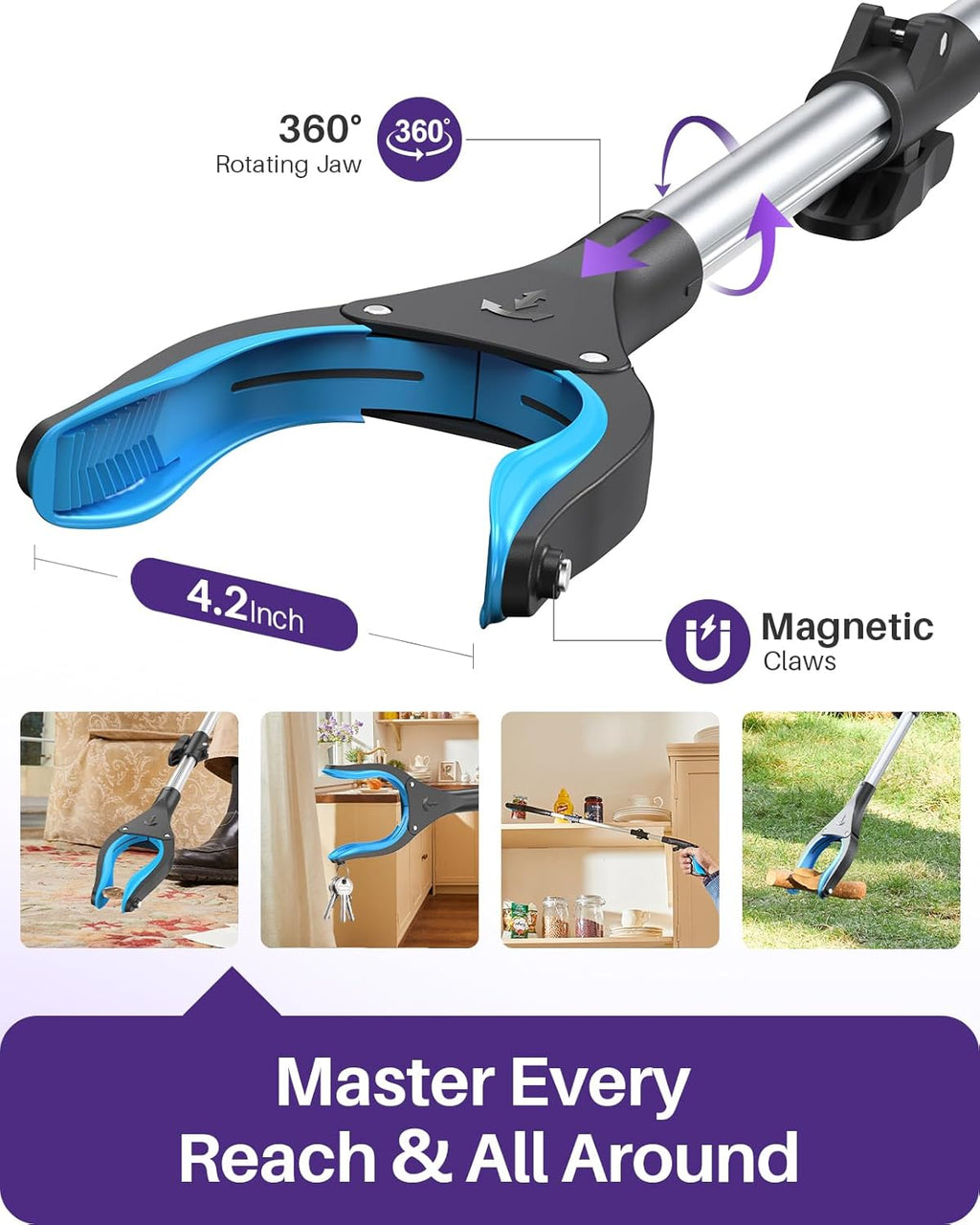 KEKOY Pro Foldable Reacher Grabber Pickup Tool with 360° Rotating Jaw, 4 in Wide

