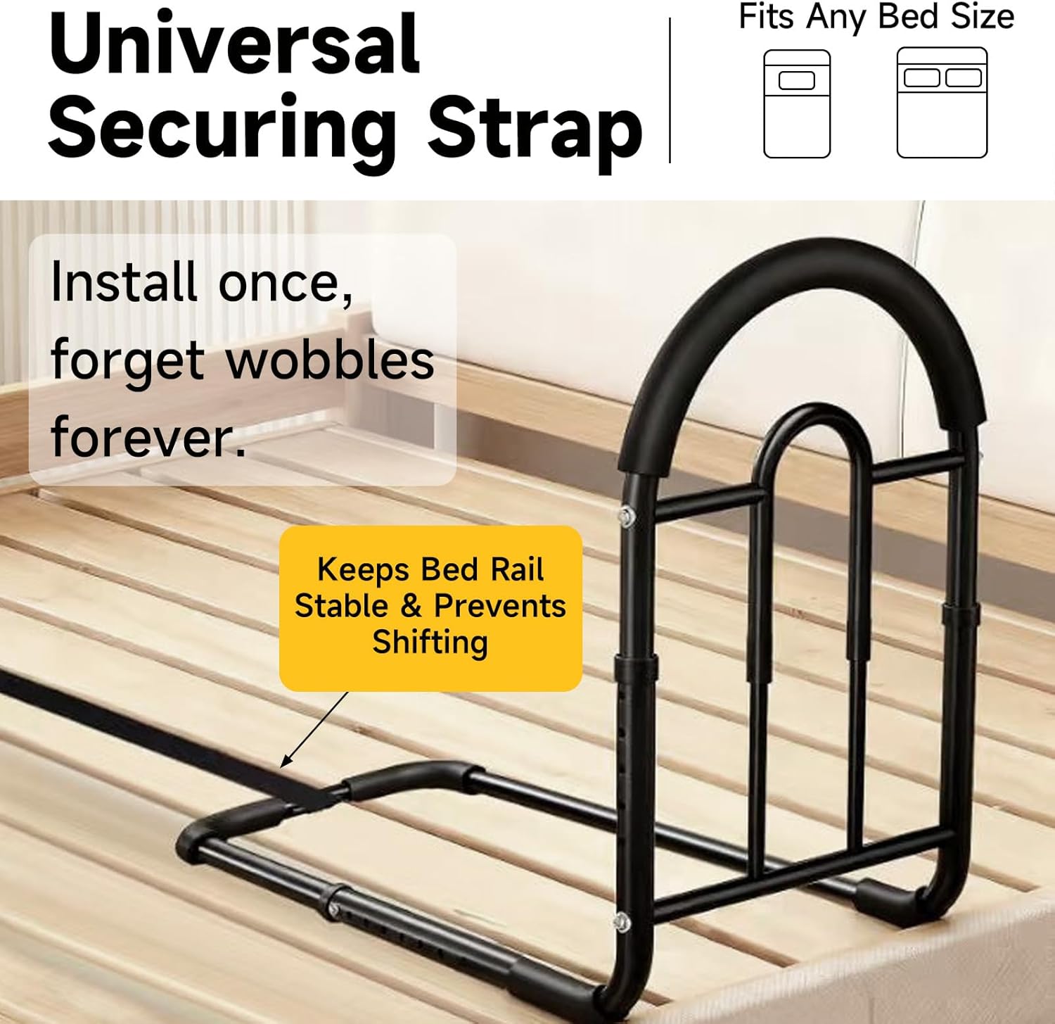 Adjustable Bed Assist Rail for Seniors, Non-Slip Handle, Storage Pocket, 350 lb

