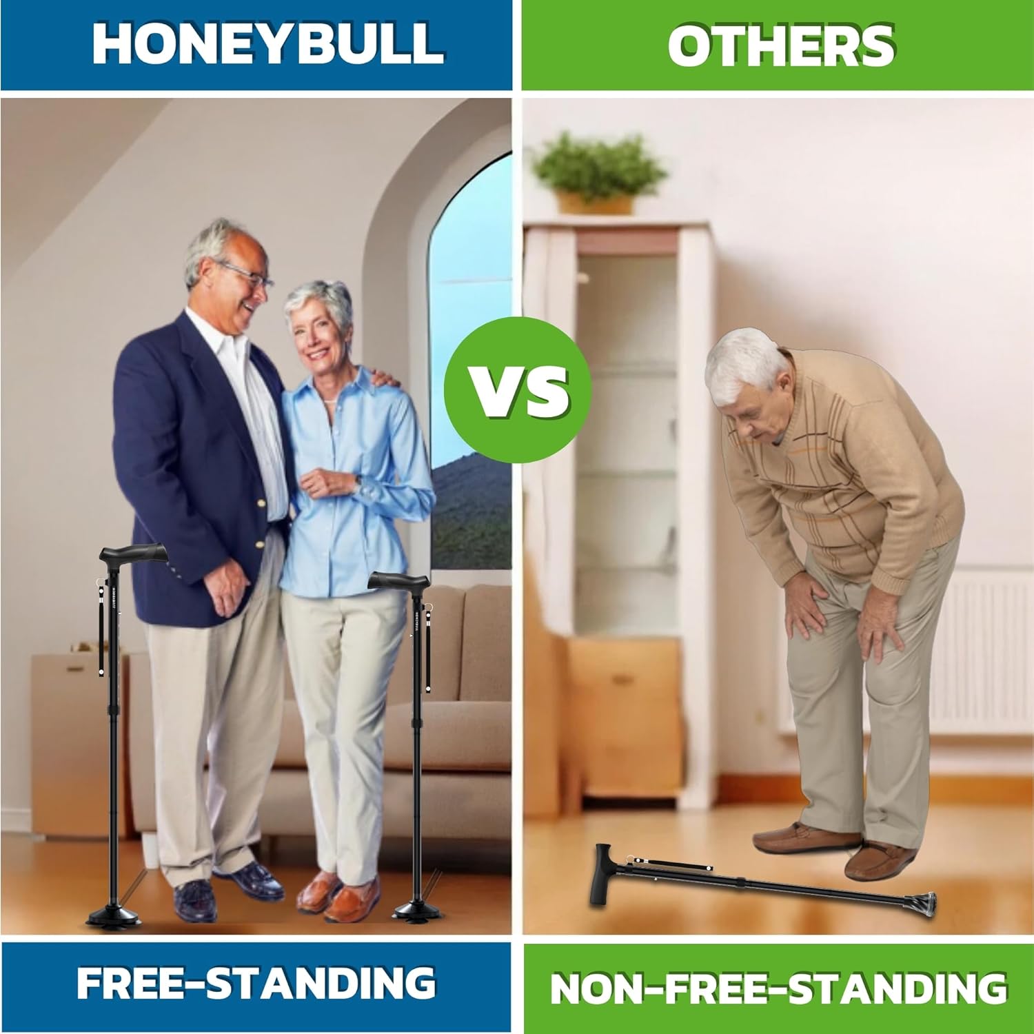 HONEYBULL Foldable Adjustable Walking Cane for Men & Women, All-Terrain Walking Stick


