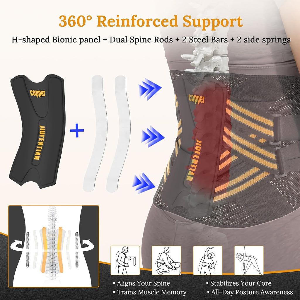JIUFENTIAN Copper Lower Back Brace with Removable Dual Spine Rods & Therapy Pocket

