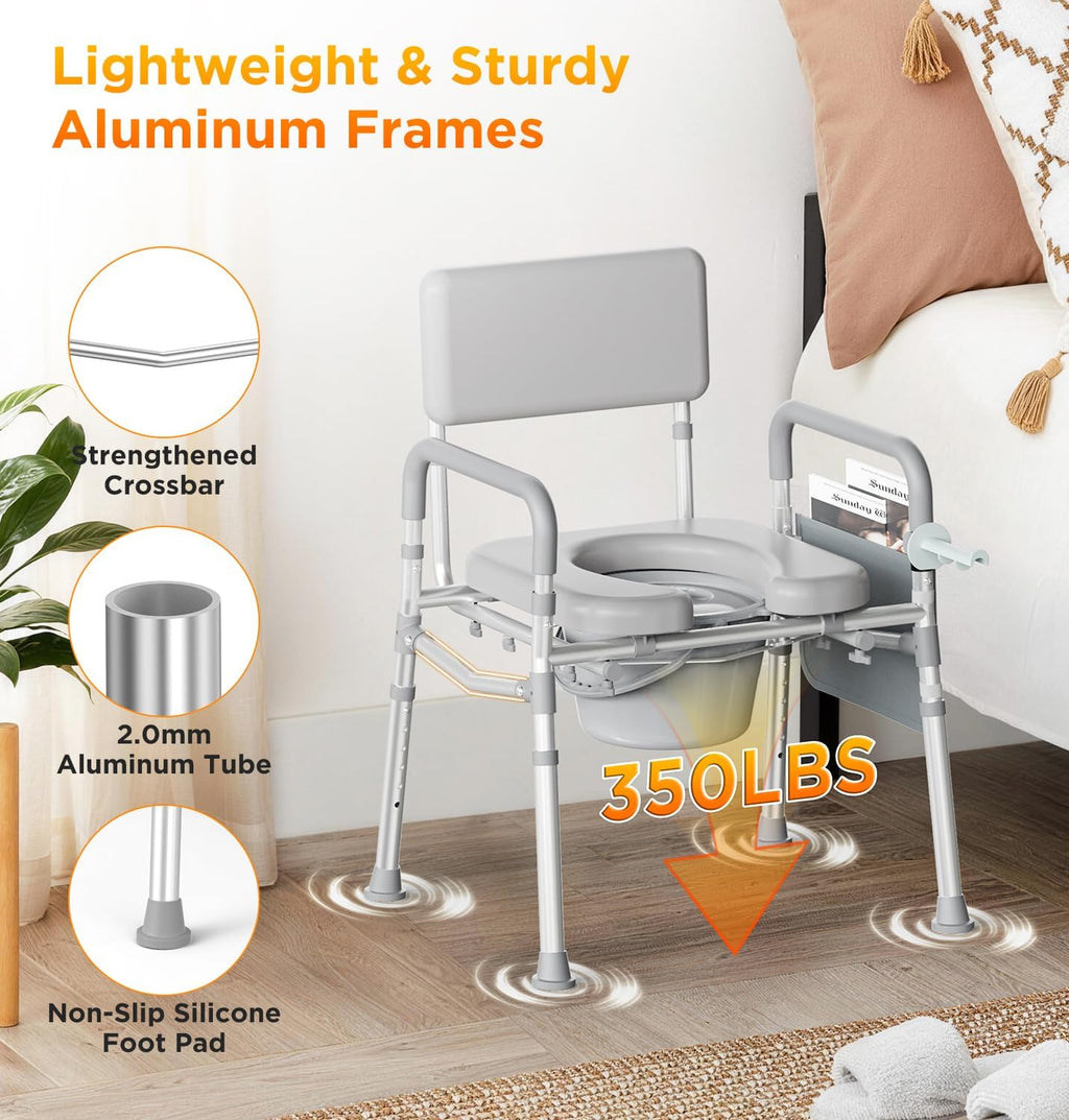 Bedside Commode with Padded Seat, Removable Backrest, 350 lb Portable Toilet

