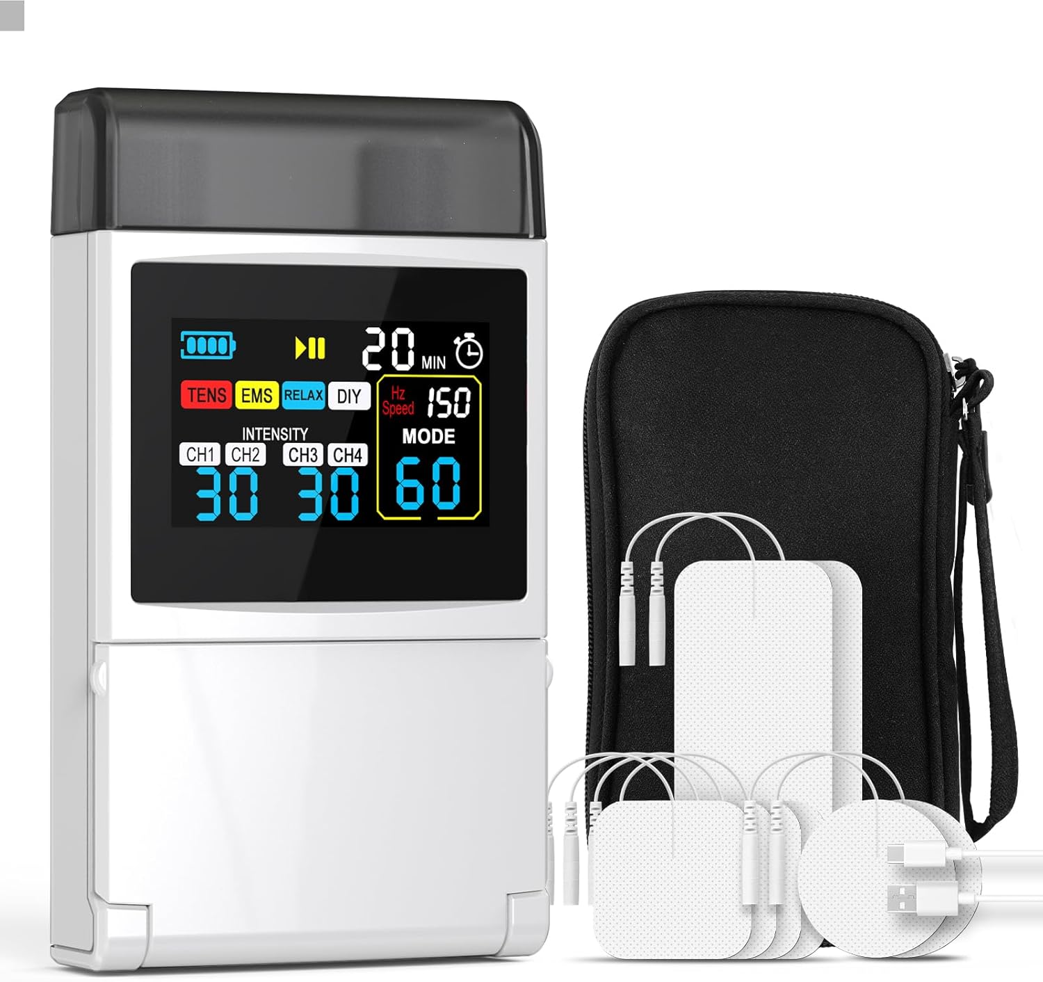 TENS EMS Muscle Stimulator 4-in-1 4-Channel 60 Modes with Color Display

