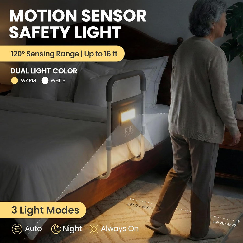 Bed Assist Rail for Seniors, Adjustable Non-Slip Handle with LED Light & Storage

