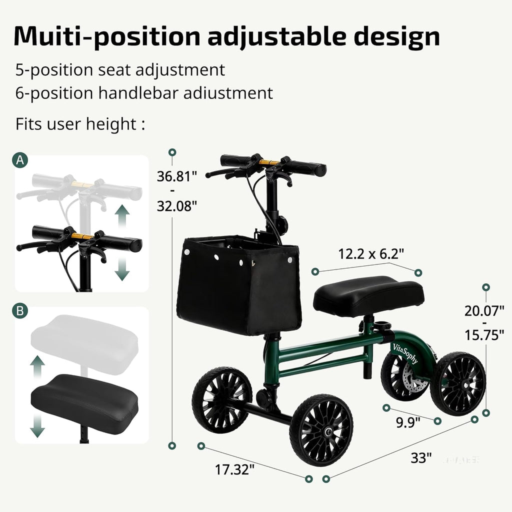 VitaSophy Steerable Knee Scooter with Disc Brake, Foldable Knee Walker for Adults

