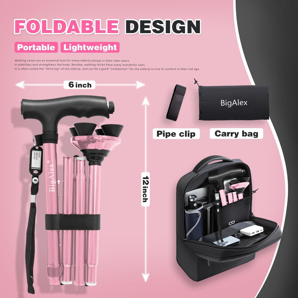 BigAlex Folding Walking Cane with LED Light, Pivoting Quad Base, Adjustable Handle Bag

