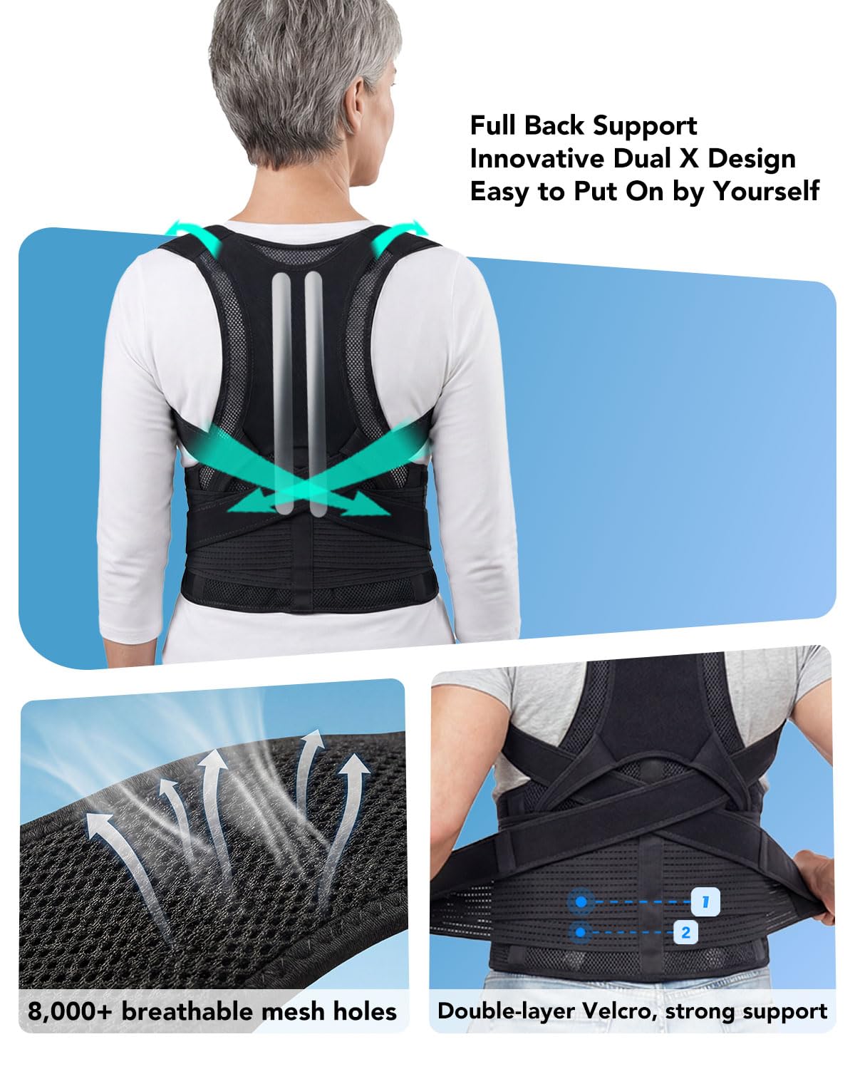 BIGROSE Posture Corrector Brace for Seniors, Dual-Back Support with Shoulder Strap

