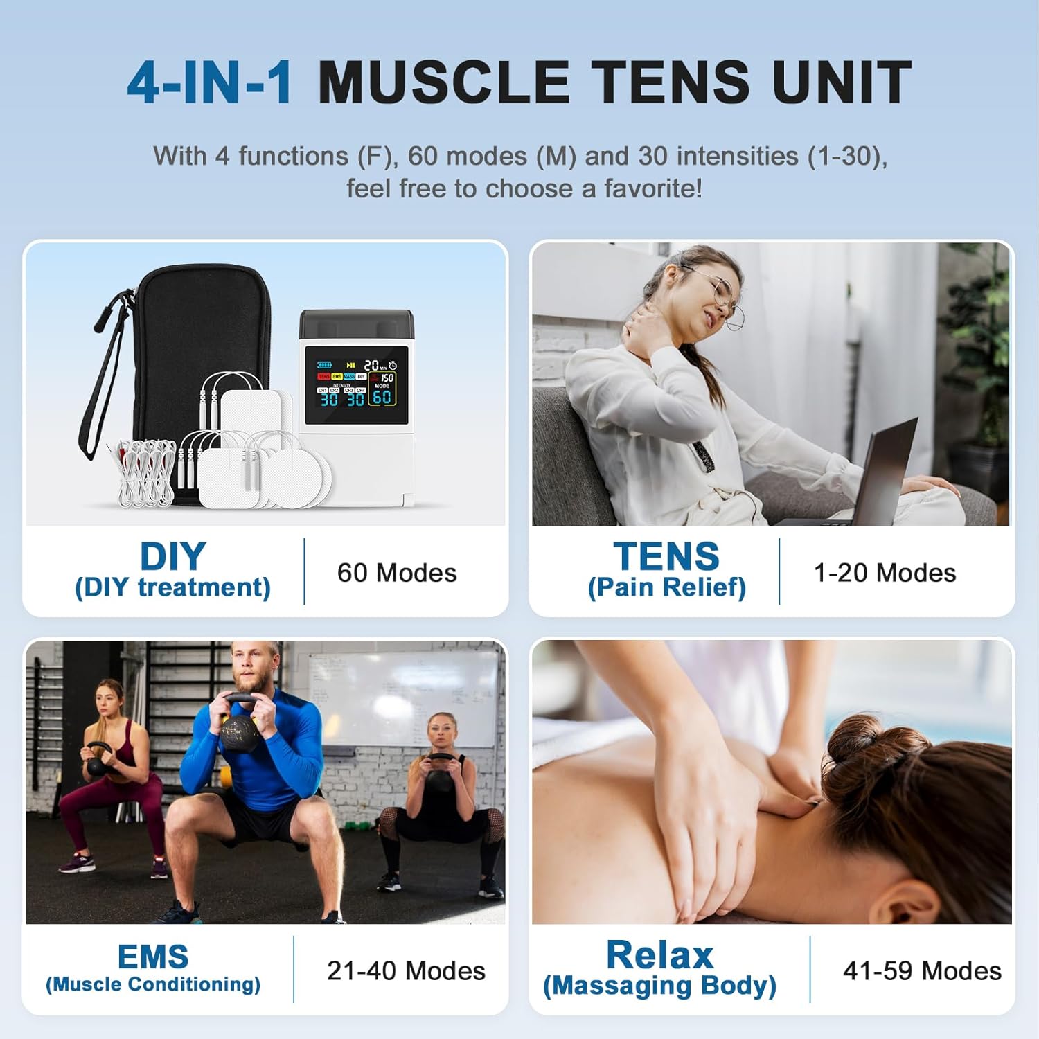 TENS EMS Muscle Stimulator 4-in-1 4-Channel 60 Modes with Color Display

