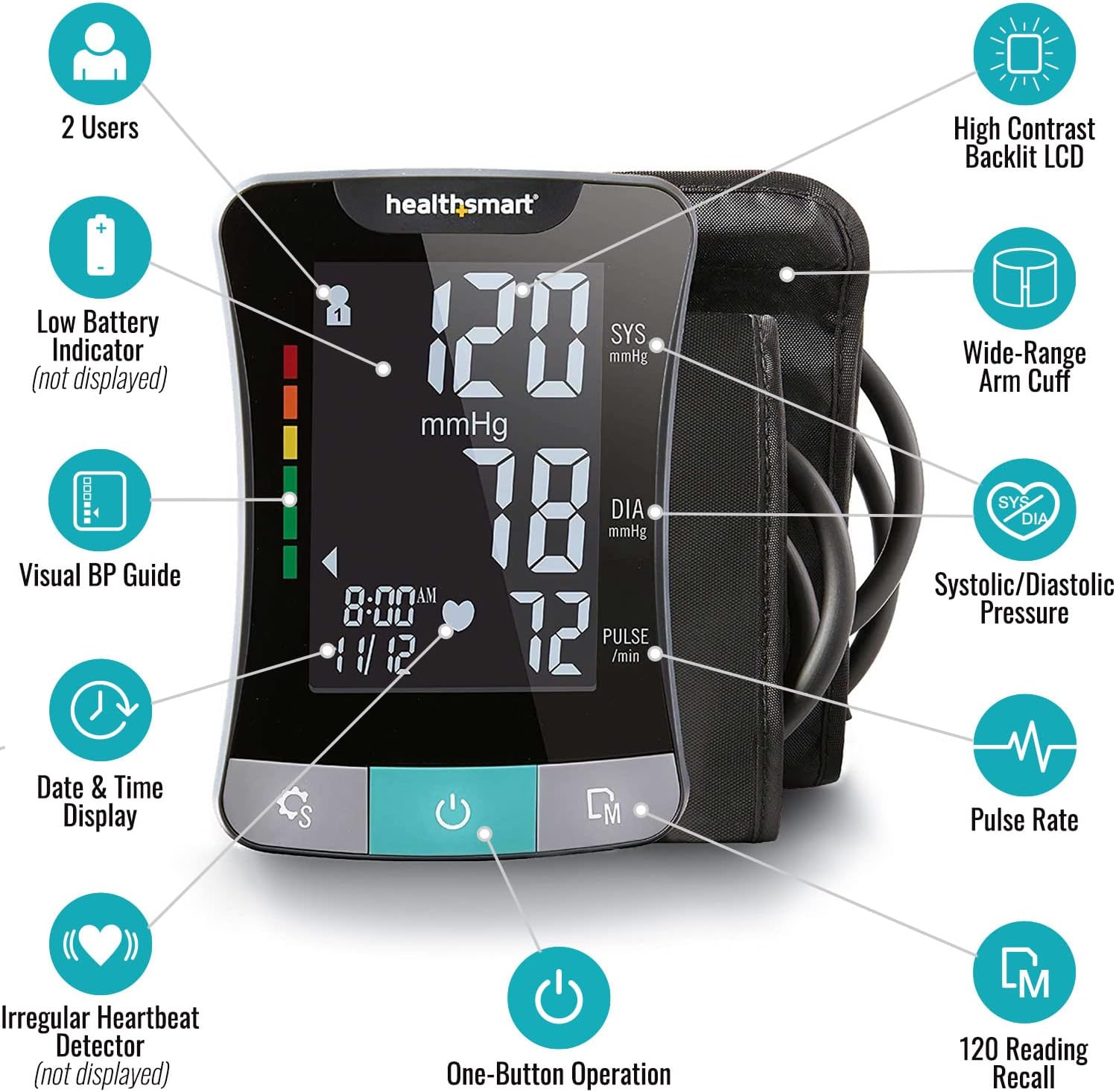 HealthSmart Digital Blood Pressure Monitor with Automatic Cuff, Pulse & Irregular Heartbeat

