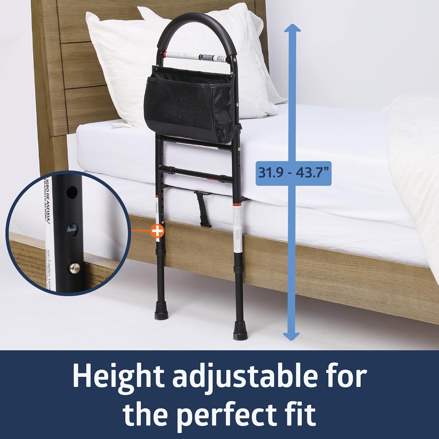 Medline Bed Assist Bar with Storage Pocket, Height-Adjustable Bed Rail

