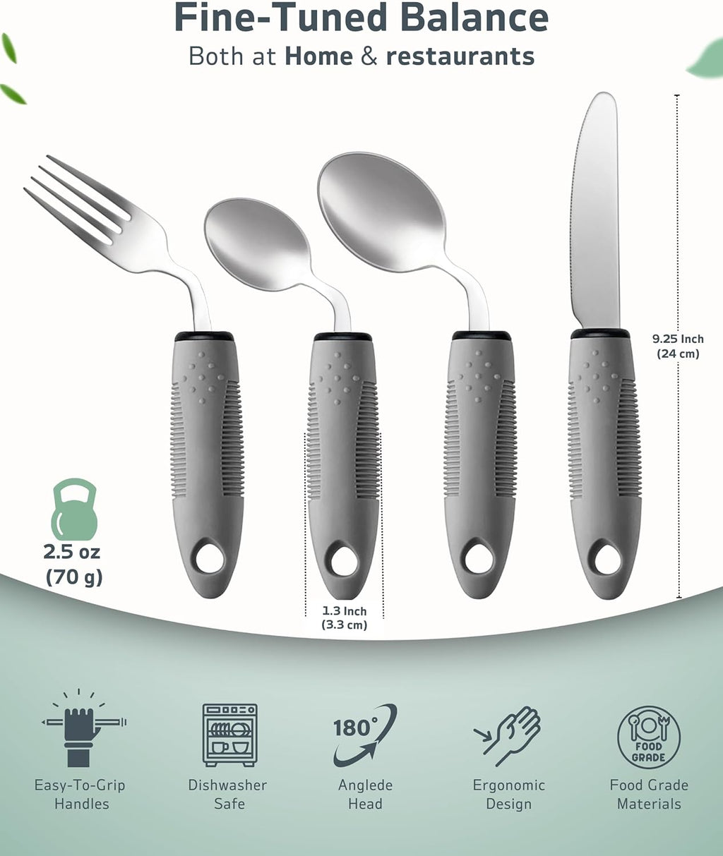 4-Piece Adaptive Angled Parkinson’s Utensils Set, Non-Slip Stainless Flatware

