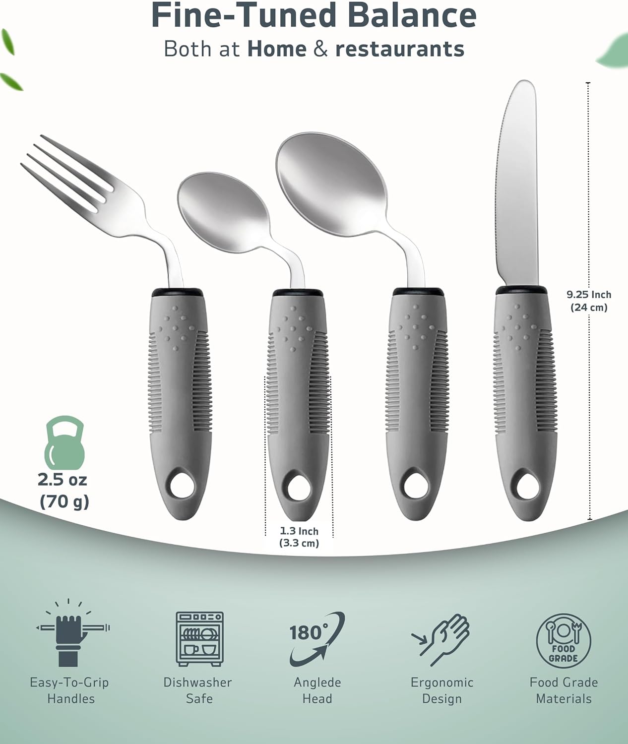4-Piece Adaptive Angled Parkinson’s Utensils Set, Non-Slip Stainless Flatware

