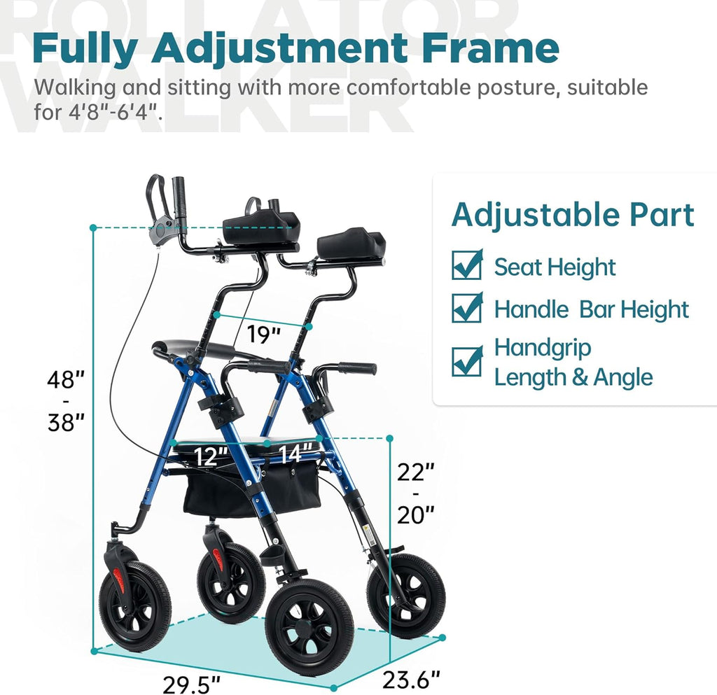 ELENKER Upright Rollator Walker with Adjustable Padded Armrests and 10-Inch PU Wheels

