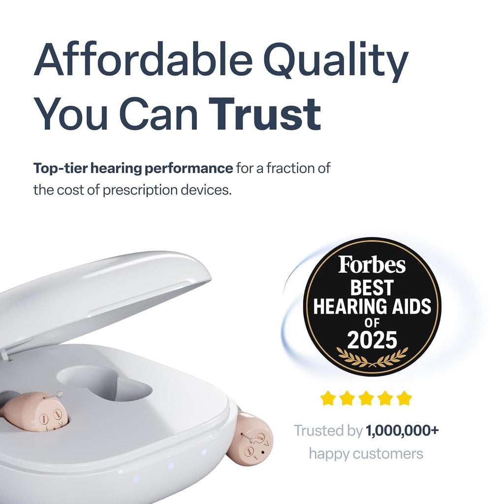 Audien Atom One OTC rechargeable wireless hearing aids with charging dock

